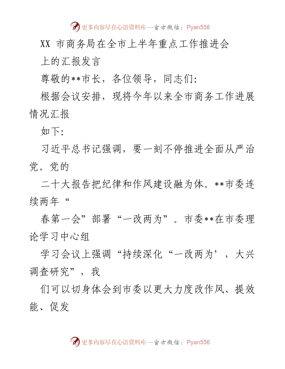 [发言] 会议 - XX市商务局上半年工作推进汇报.docx_第1页
