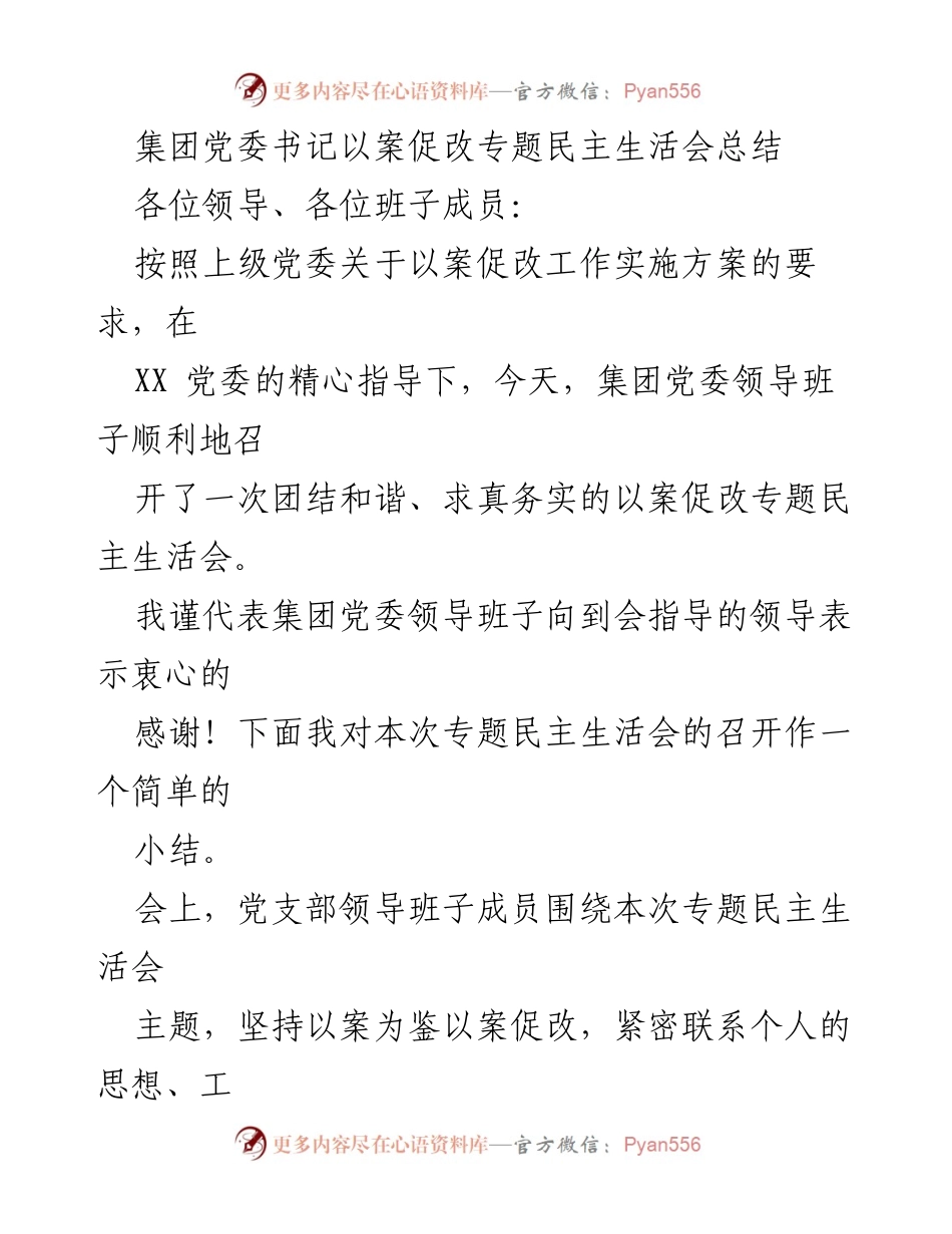 [发言] 以案促改专题民主生活会 - 集团党委书记以案促改专题民主生活会总结.docx_第1页