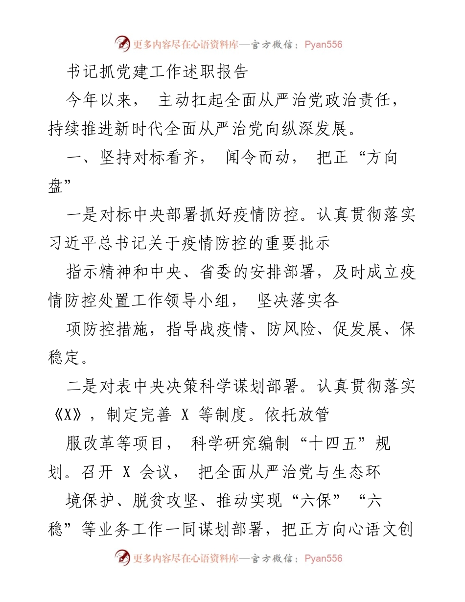 [发言] 书记抓党建工作述职 - 积极推进全面从严治党的责任与落实.docx_第1页