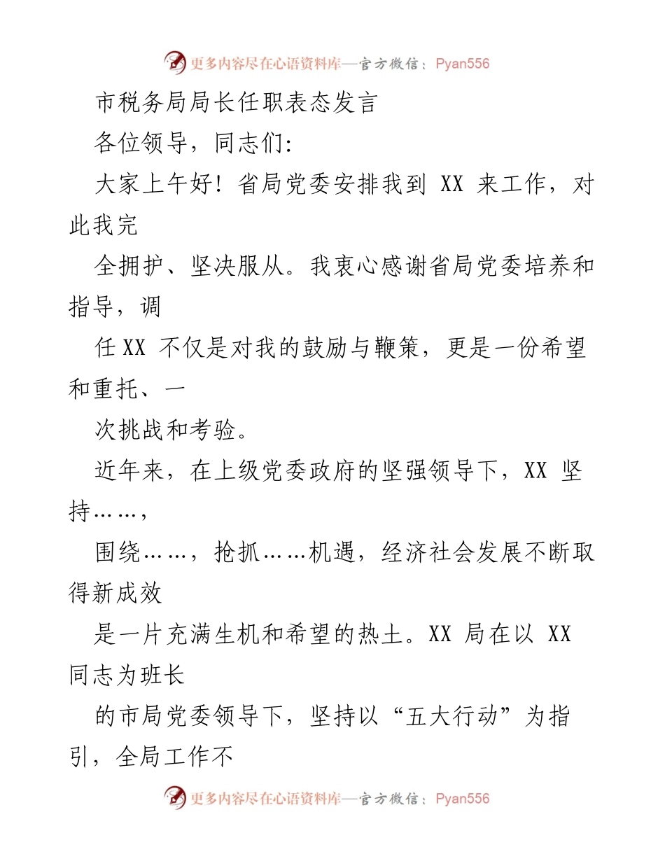 [发言] 任职表态 - 新任市税务局局长的工作表态与承诺.docx_第1页