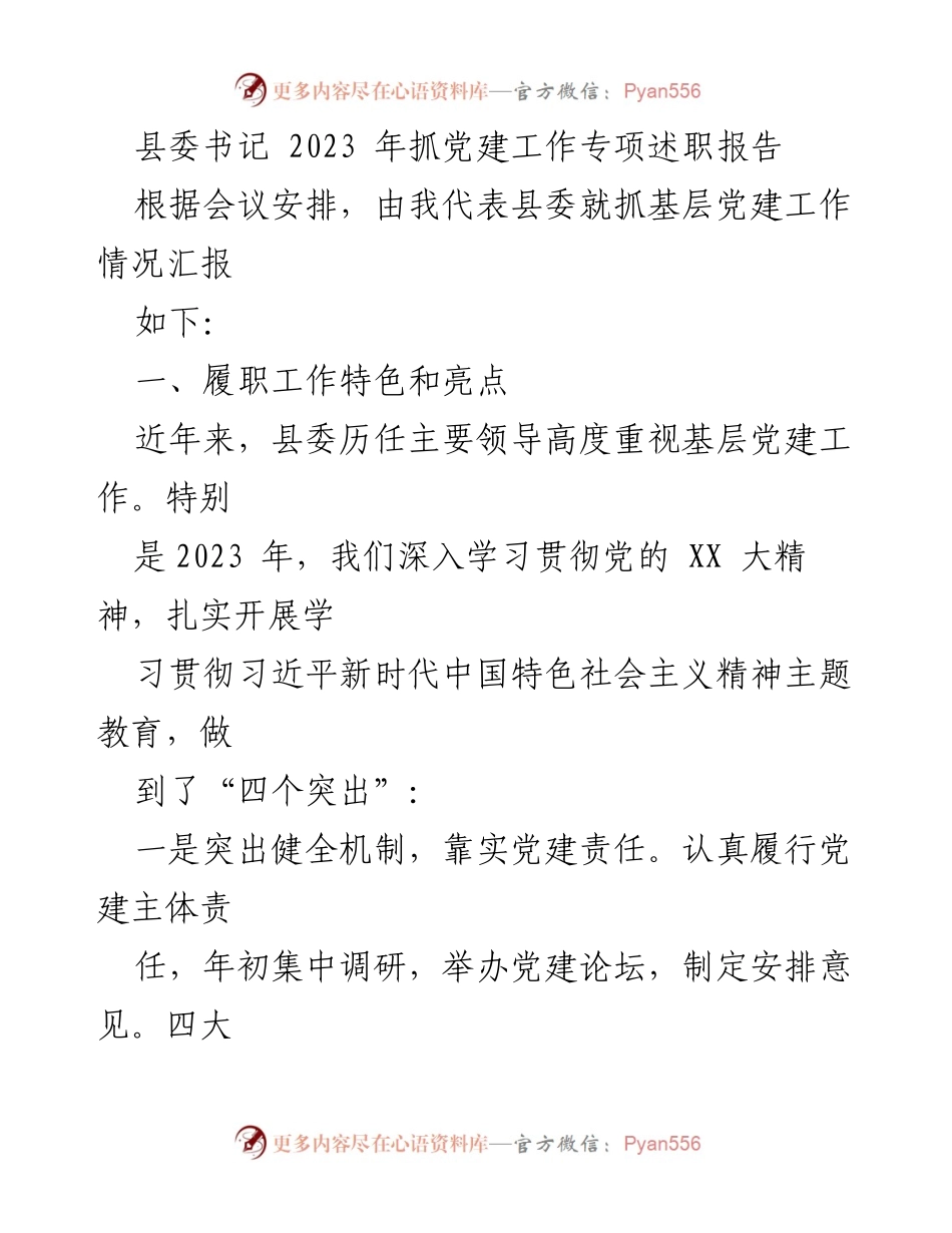 [发言] 会议 - 2023年县委书记抓党建工作专项述职报告.docx_第1页