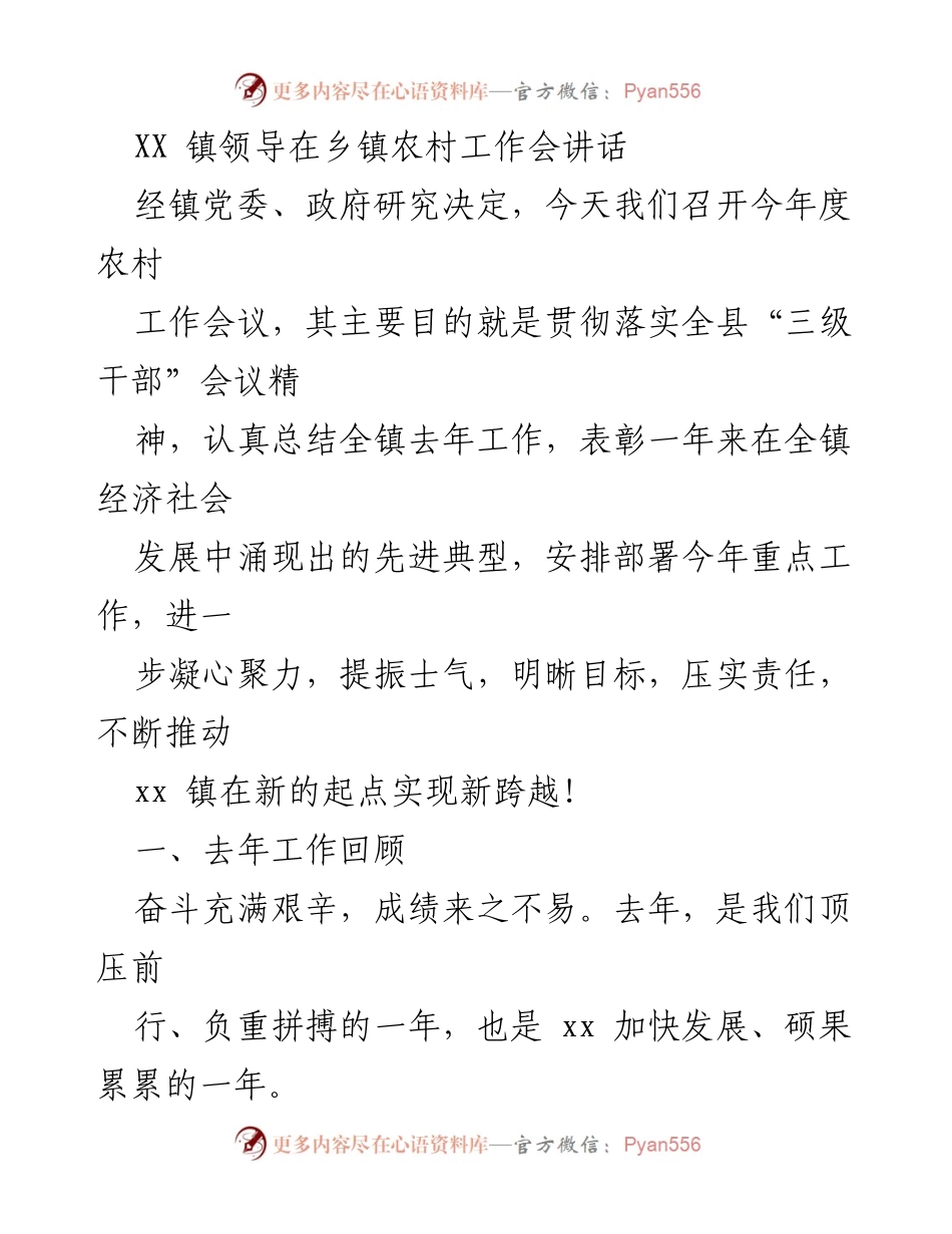 [发言] 乡镇农村工作会 - XX 镇领导在农村工作会上的讲话总结与展望.docx_第1页