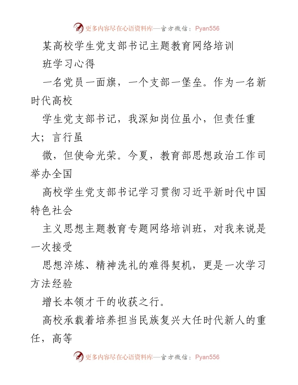 [发言] 主题教育网络培训班 - 高校学生党支部书记的责任与使命.docx_第1页