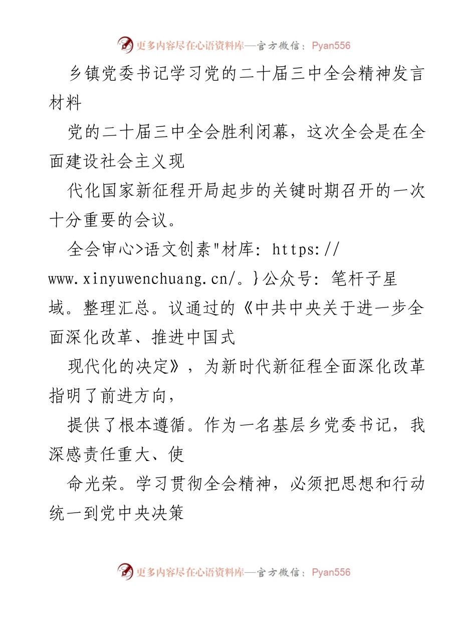 [发言] 乡镇党委书记学习会 - 深入学习贯彻党的二十届三中全会精神，推动乡村振兴新突破.docx_第1页