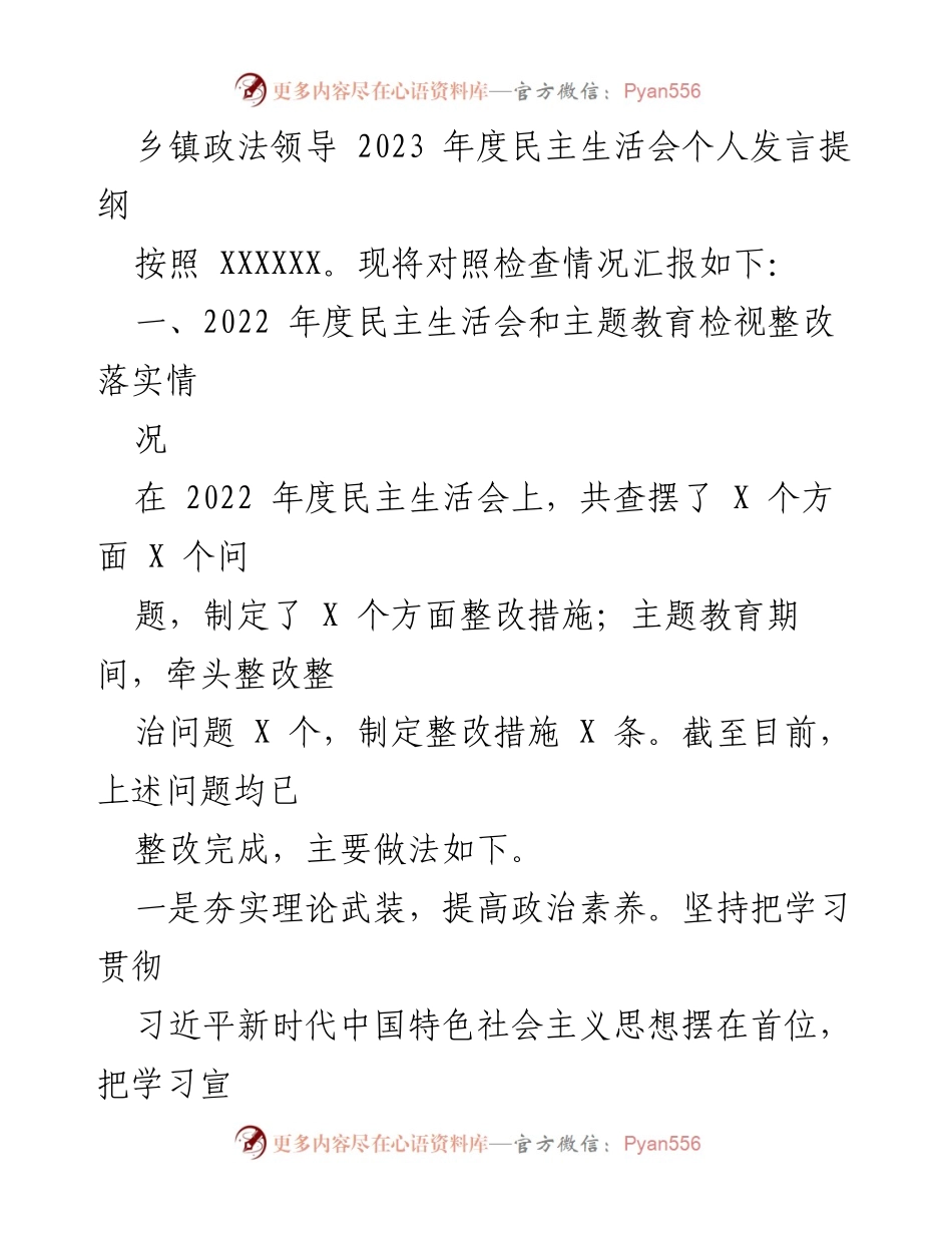 [发言] 乡镇政法领导 2023 年度民主生活会 - 2023 年度民主生活会个人发言提纲.docx_第1页