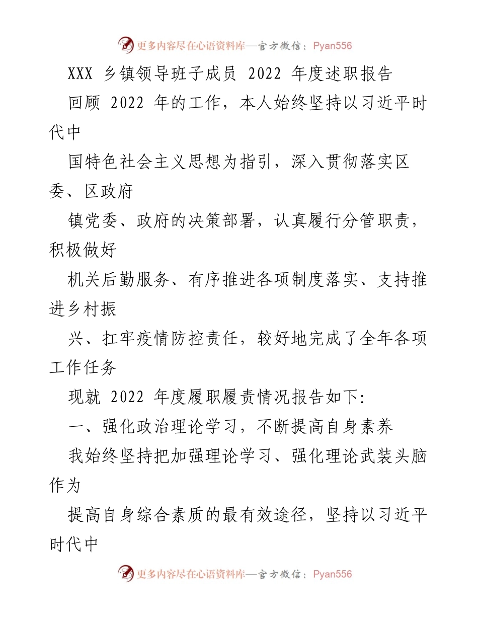 [发言] 乡镇领导班子年度总结 - 2022年度述职报告及工作总结.docx_第1页
