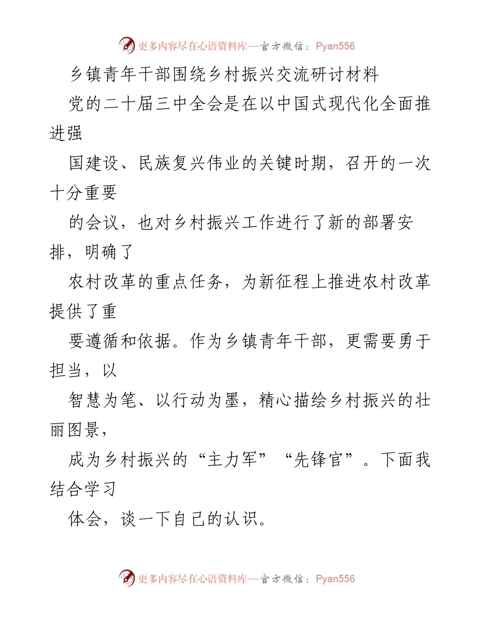 [发言] 乡镇青年干部交流会 - 乡村振兴：青年干部的使命与担当.docx_第1页
