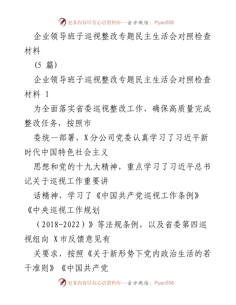 [发言] 企业巡视整改专题民主生活会 - 企业领导班子巡视整改自查与反思报告.docx_第1页