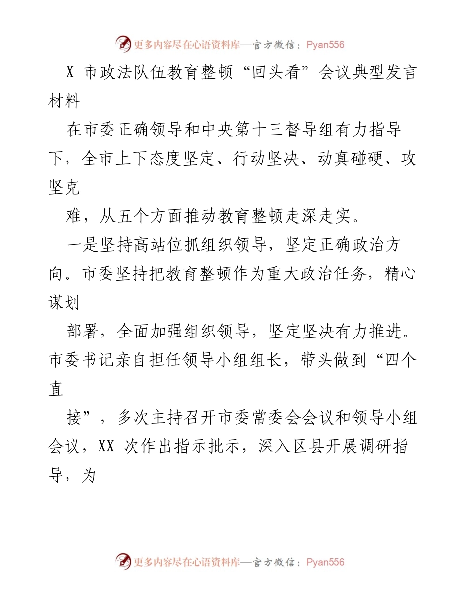 [发言] 会议 - X市政法队伍教育整顿“回头看”会议发言材料.docx_第1页
