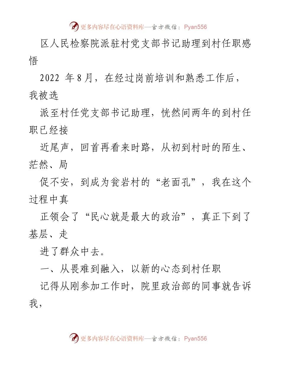 [发言] 任职总结 - 从畏难到融入：我的村党支部书记助理任职感悟_1.docx_第1页