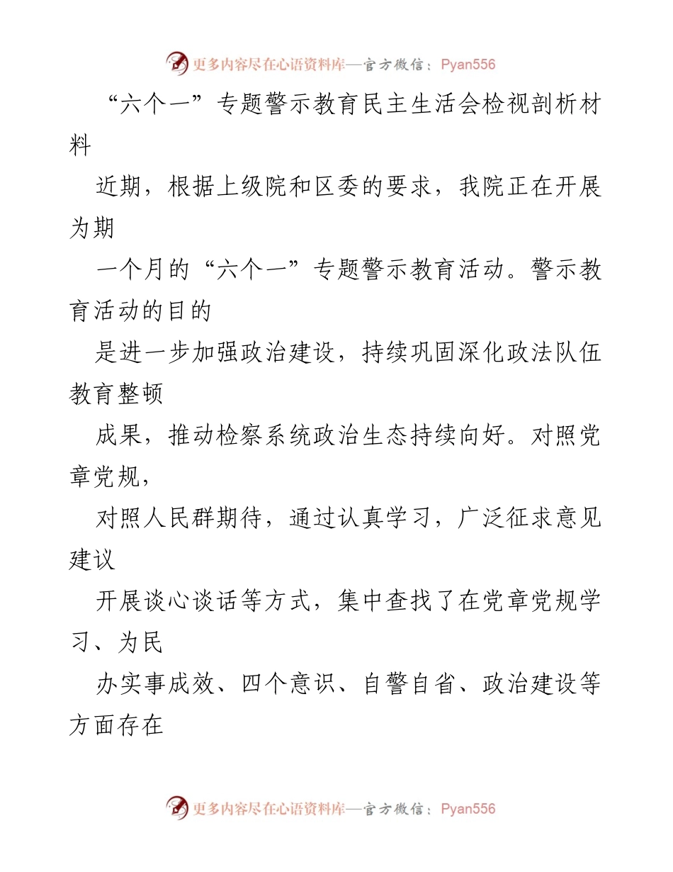 [发言] 会议 - “六个一”专题警示教育民主生活会检视剖析总结.docx_第1页