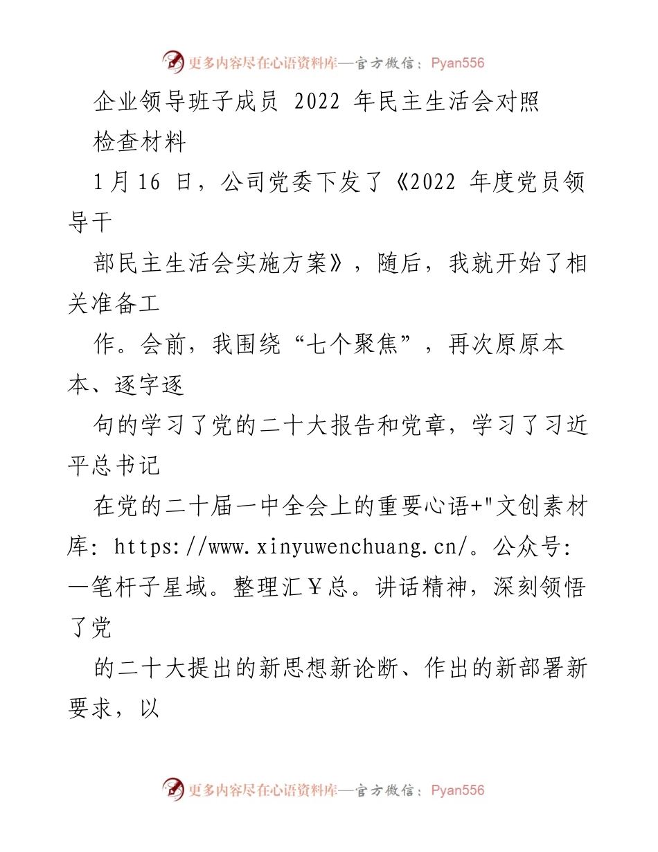 [发言] 企业领导班子民主生活会 - 2022年民主生活会对照检查材料总结.docx_第1页