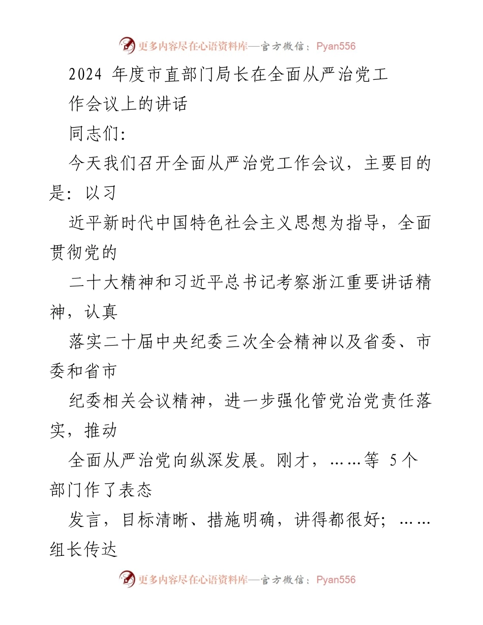 [发言] 会议 - 2024年度全面从严治党工作会议讲话.docx_第1页