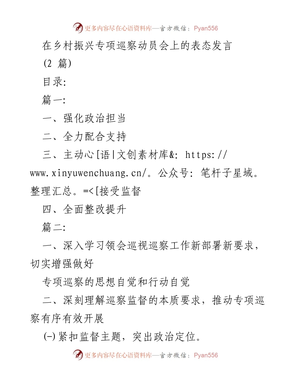 [发言] 乡村振兴专项巡察动员会 - 加强政治担当，全力支持乡村振兴专项巡察工作.docx_第1页
