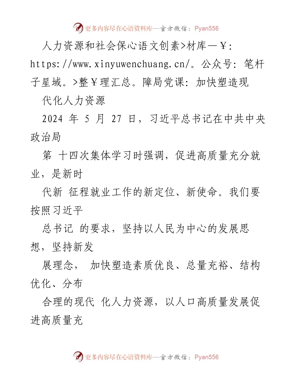 [发言] 人力资源和社会保障局党课 - 加快塑造现代化人力资源，促进高质量充分就业.docx_第1页