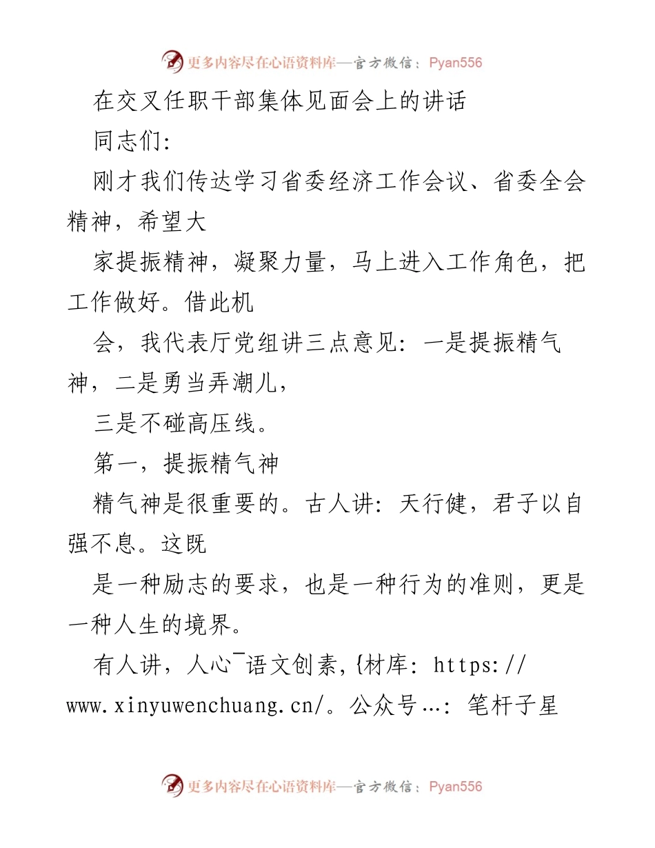 [发言] 交叉任职干部集体见面会 - 提振精气神，勇当弄潮儿，不碰高压线.docx_第1页