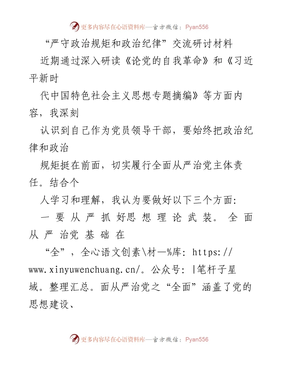 [发言] 交流研讨会 - 严守政治规矩与纪律，推动全面从严治党.docx_第1页