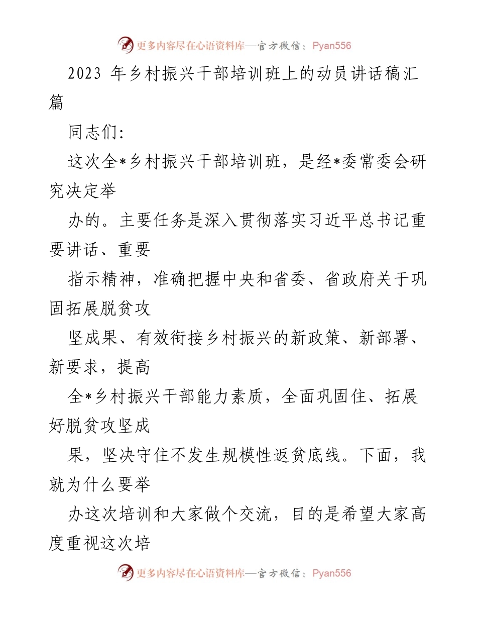 [发言] 乡村振兴干部培训班 - 贯彻落实乡村振兴政策的重要性动员讲话.docx_第1页