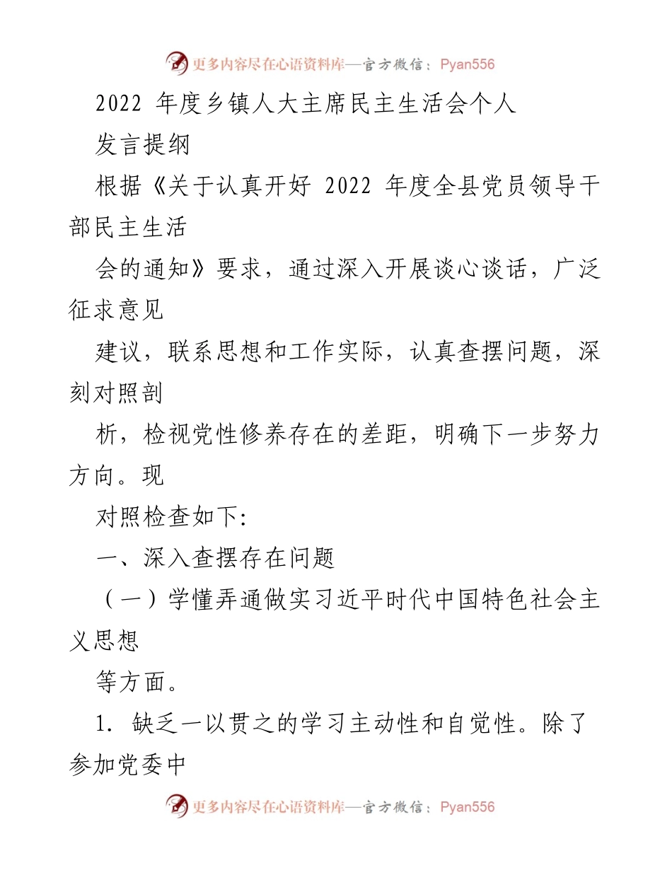 [发言] 乡镇人大主席民主生活会 - 2022年度民主生活会个人发言提纲.docx_第1页
