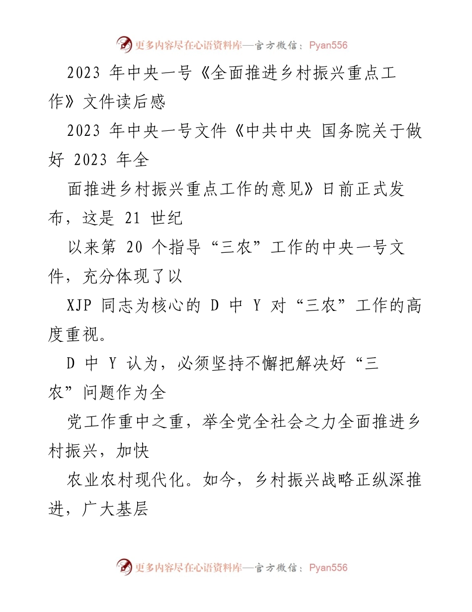 [发言] 乡村振兴工作会议 - 《深入学习2023年中央一号文件，推动乡村振兴战略落实》.docx_第1页
