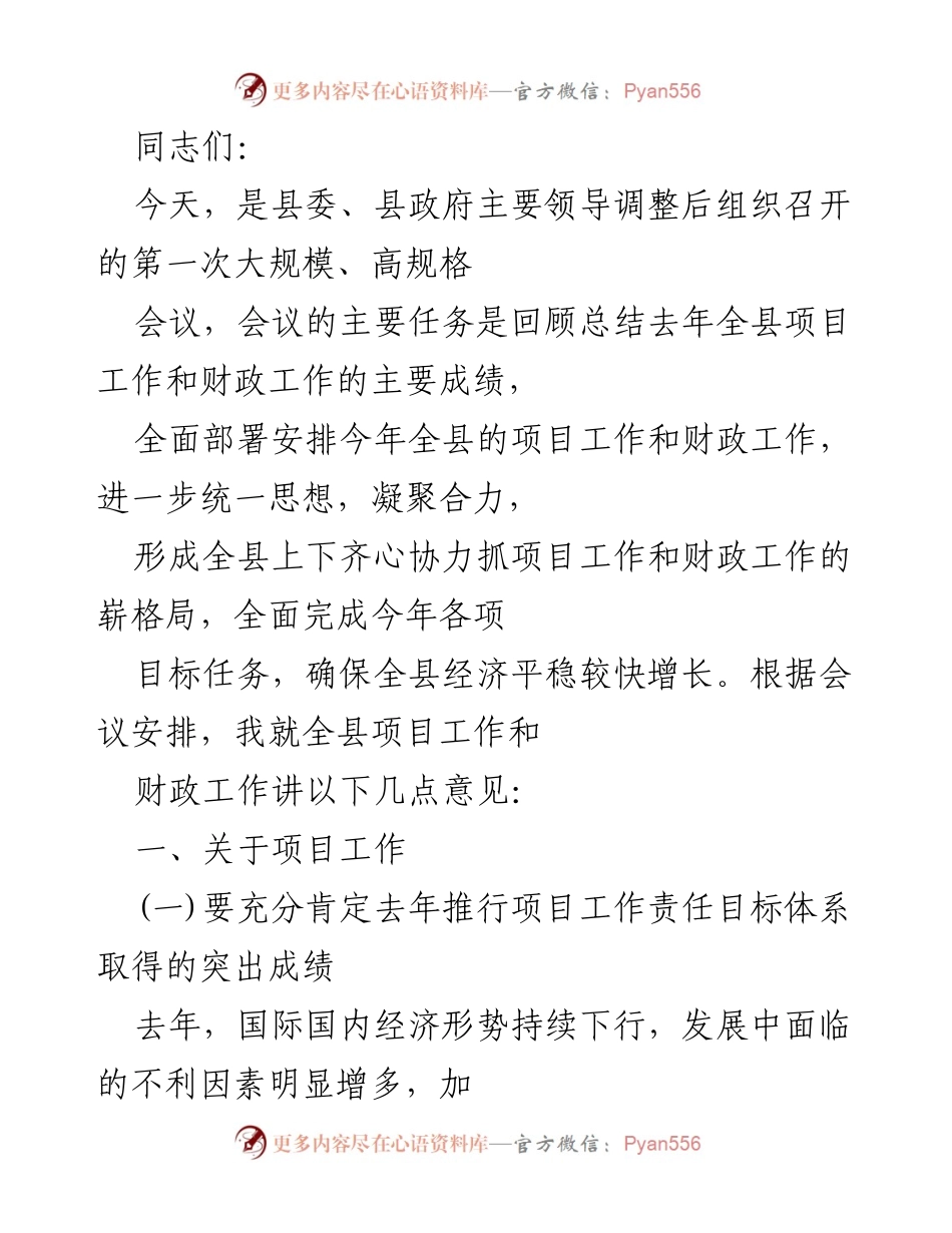 [发言] 会议 - 全县项目与财政工作总结及部署会发言稿.docx_第1页