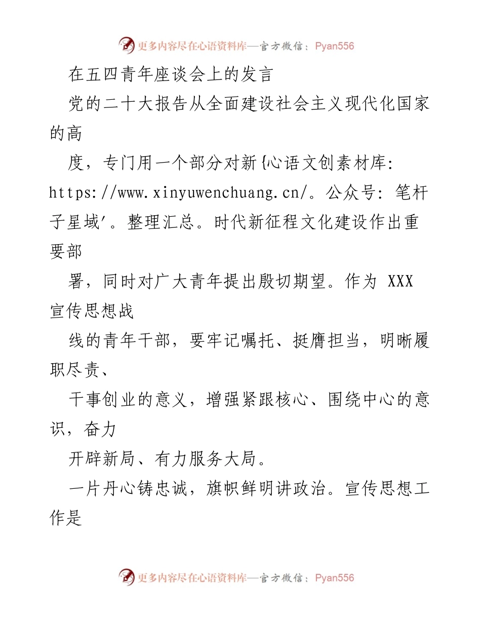 [发言] 五四青年座谈会 - 青年干部的使命与责任：在新时代文化建设中的担当与创新.docx_第1页
