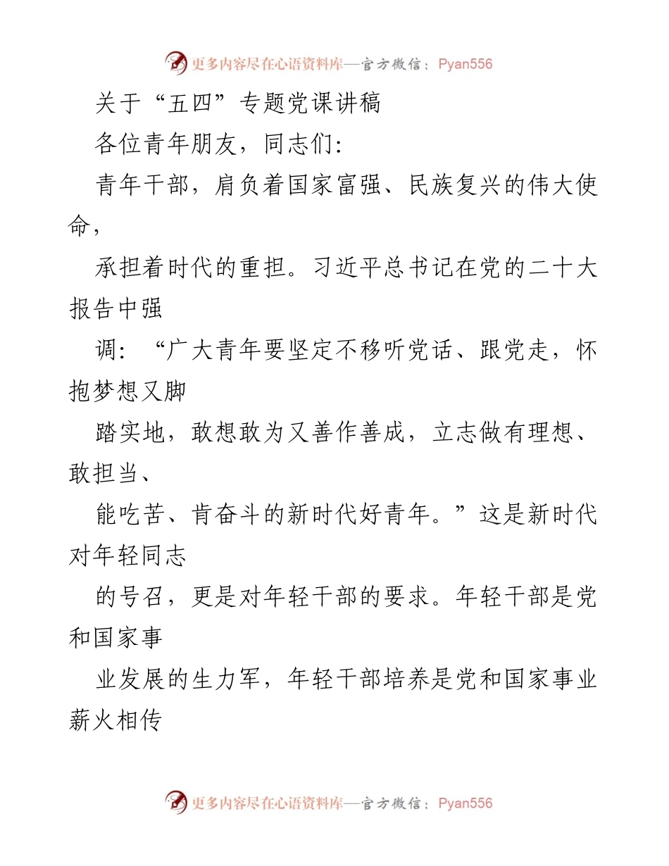 [发言] 五四专题党课 - 青年干部的使命与担当_1.docx_第1页