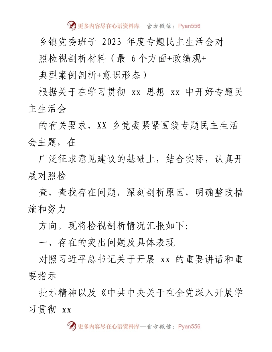 [发言] 乡镇党委年度民主生活会 - 2023年度专题民主生活会对照检视剖析报告.docx_第1页