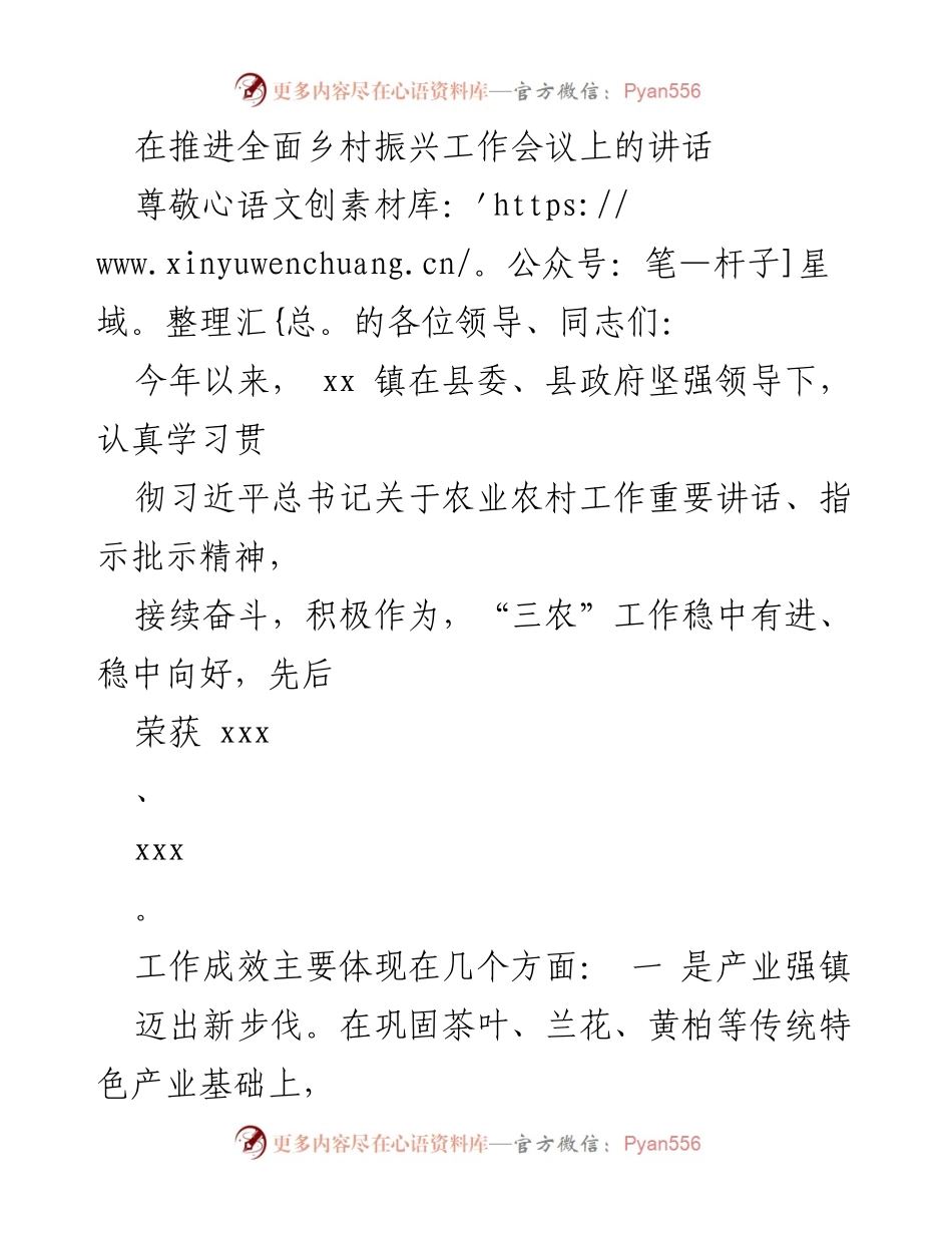[发言] 乡村振兴工作会议 - 推动乡村振兴的实践与展望.docx_第1页