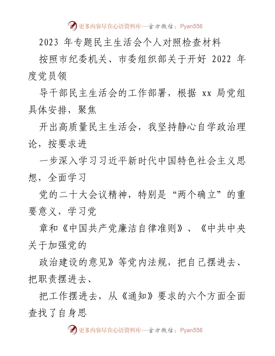 [发言] 党内民主生活会 - 2023年度党员领导干部民主生活会个人对照检查报告.docx_第1页