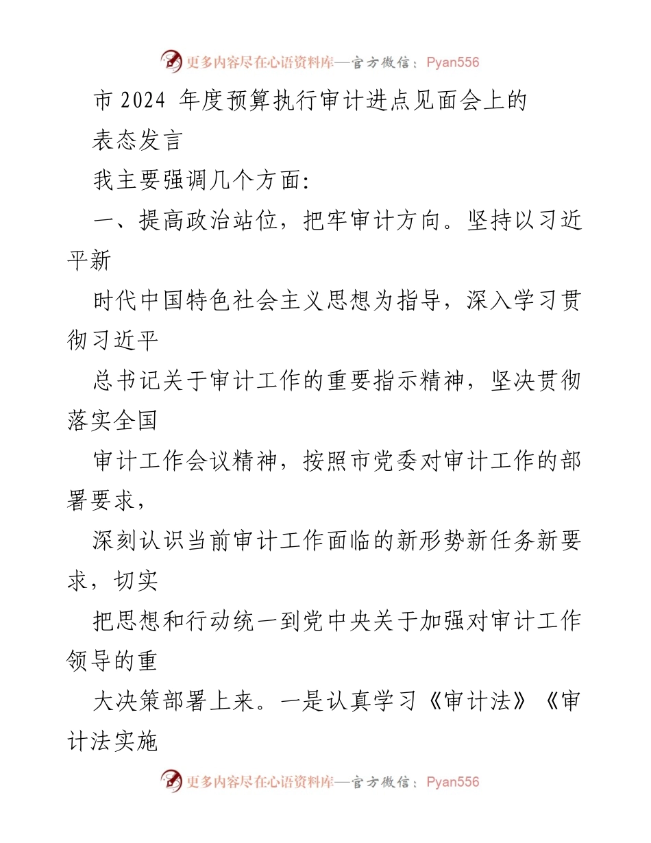 [发言] 会议 - 加强审计工作，确保预算执行质量.docx_第1页