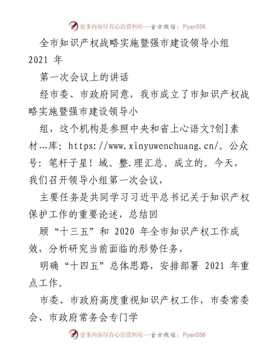 [发言] 会议 - 知识产权战略实施与强市建设的首要任务与重要性阐述.docx_第1页