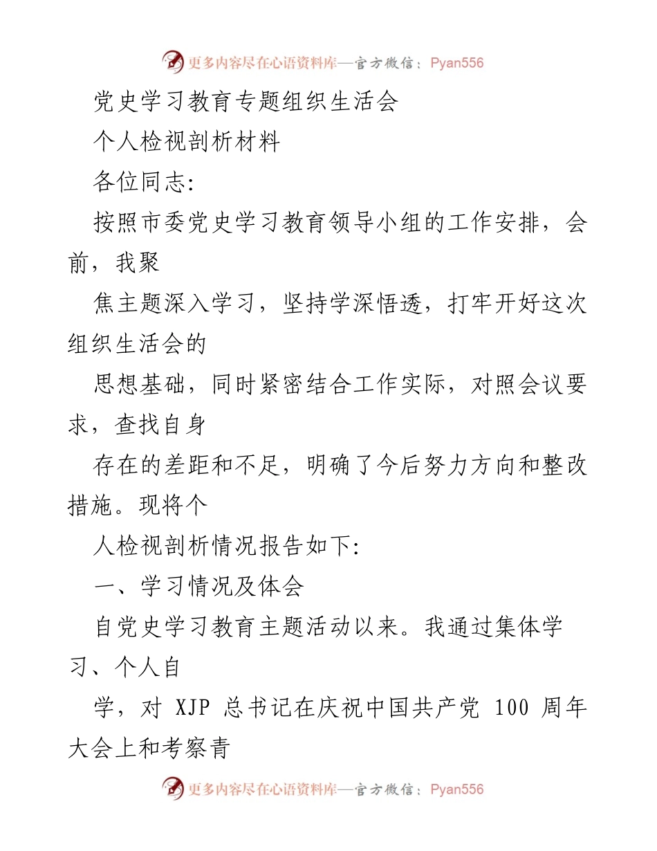 [发言] 党史学习教育专题组织生活会 - 个人检视剖析材料报告.docx_第1页
