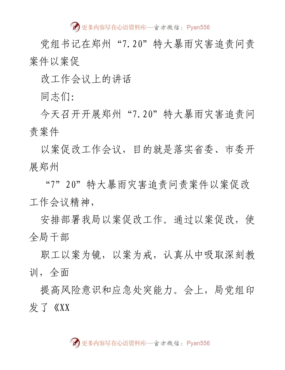 [发言] 会议 - 郑州“7.20”特大暴雨灾害追责问责案件以案促改工作会议讲话.docx_第1页