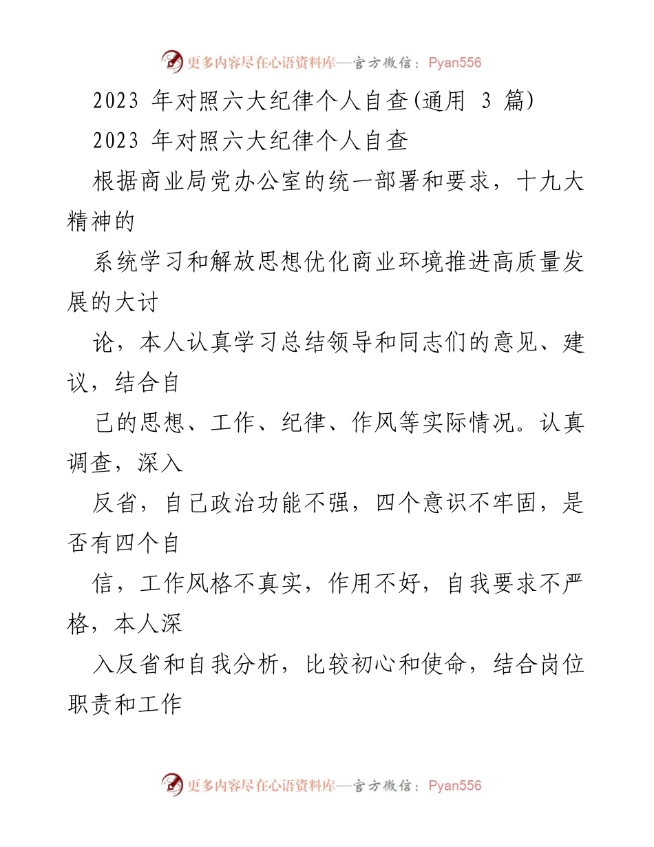 [发言] 党内自查 - 2023年六大纪律个人自查总结报告.docx_第1页