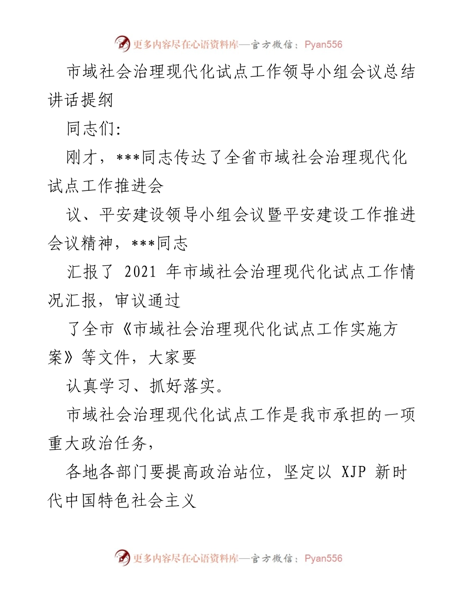 [发言] 会议总结 - 市域社会治理现代化试点工作推进的责任与措施.docx_第1页