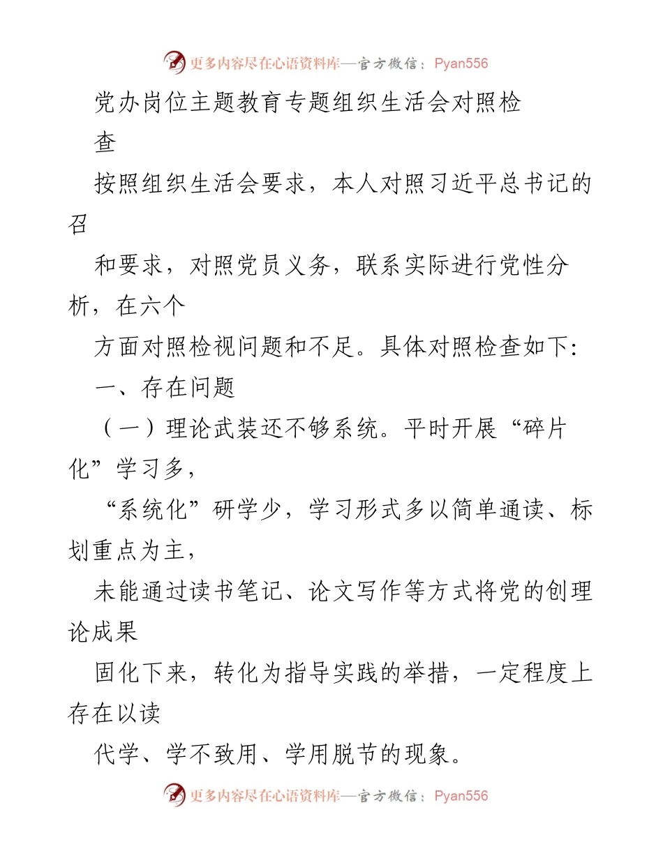 [发言] 党办岗位主题教育专题组织生活会 - 党性分析与整改承诺报告.docx_第1页