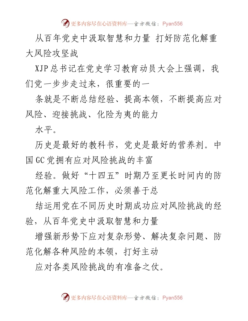 [发言] 党史学习教育动员大会 - 从百年党史中汲取智慧 打好防范化解重大风险攻坚战.docx_第1页