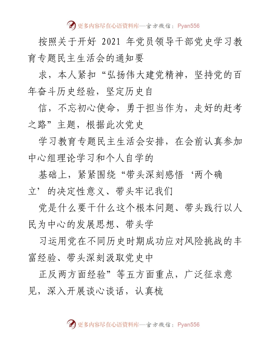 [发言] 党员领导干部党史学习教育专题民主生活会 - 深刻剖析自身问题，坚定历史自信与担当作为.docx_第1页
