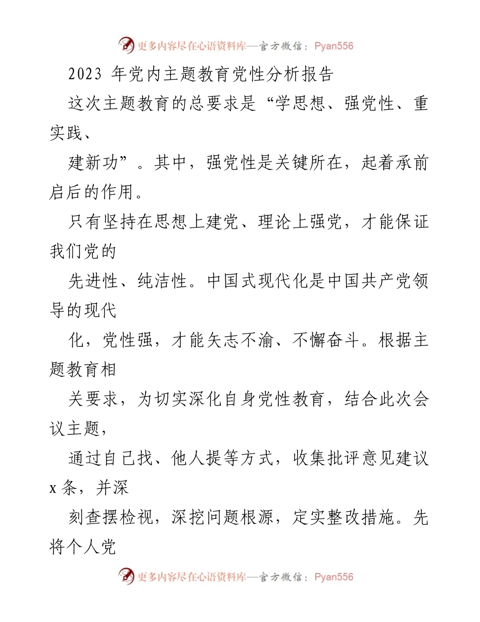[发言] 党内主题教育会议 - 2023年党性分析与整改措施报告.docx_第1页