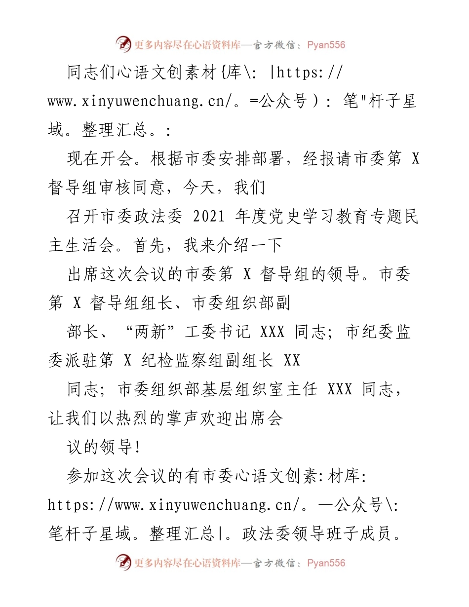 [发言] 会议 - 市委政法委2021年度党史学习教育专题民主生活会发言稿.docx_第1页