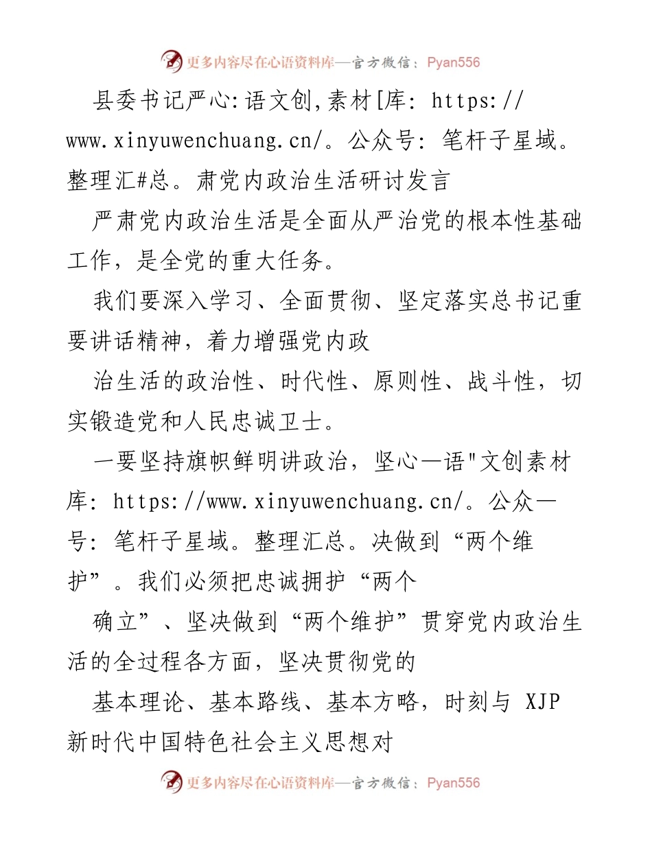 [发言] 党内政治生活研讨会 - 严肃党内政治生活，增强政治性与时代性.docx_第1页
