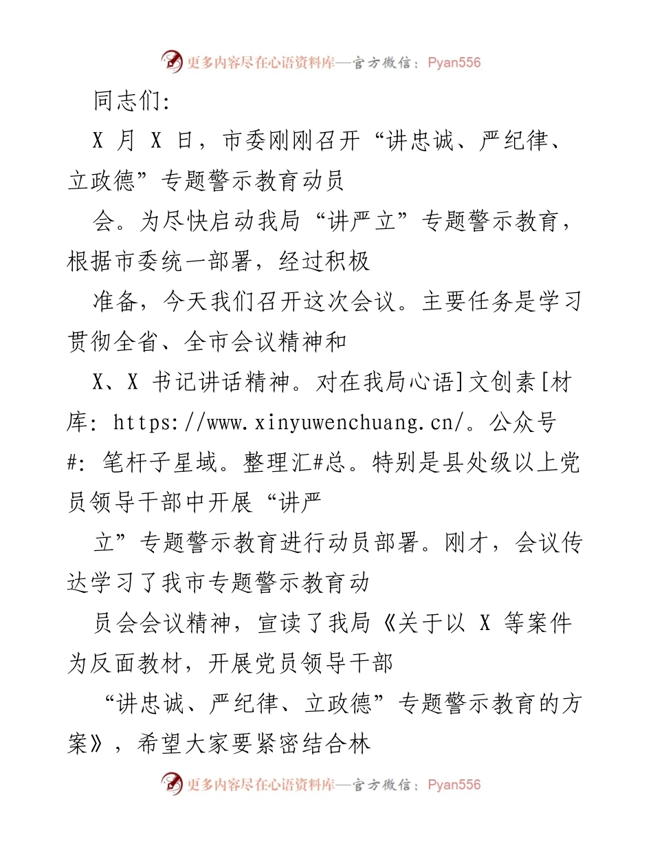 [发言] 会议 - 开展“讲忠诚、严纪律、立政德”专题警示教育动员会议总结.docx_第1页