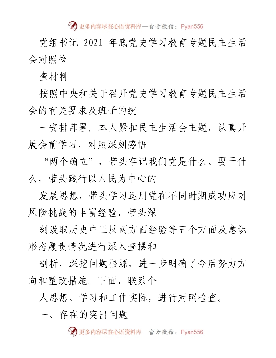 [发言] 党史学习教育专题民主生活会 - 党组书记对照检查材料总结.docx_第1页