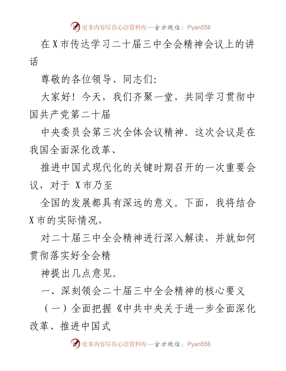 [发言] 会议 - 深入解读二十届三中全会精神及其在X市的落实策略.docx_第1页