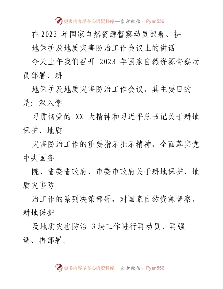 [发言] 会议 - 国家自然资源督察动员部署与耕地保护重要讲话.docx_第1页