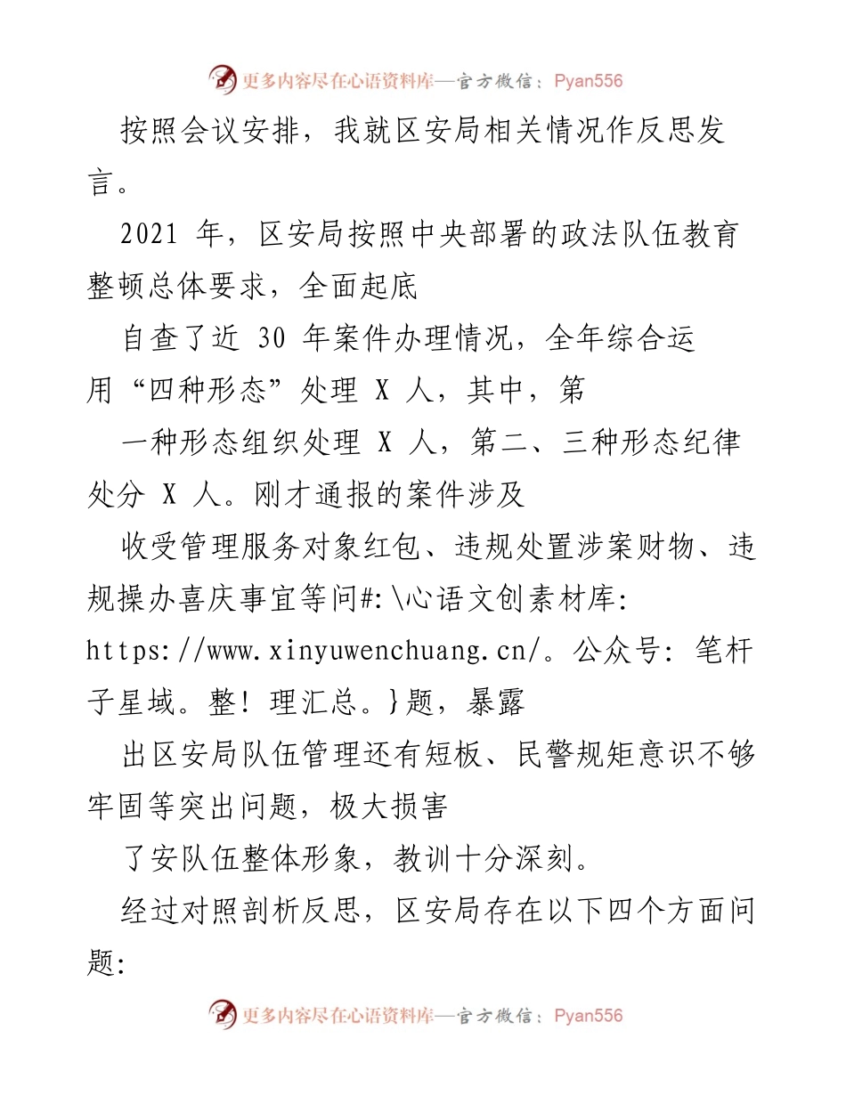 [发言] 会议 - 区安局队伍管理反思与整改措施总结.docx_第1页
