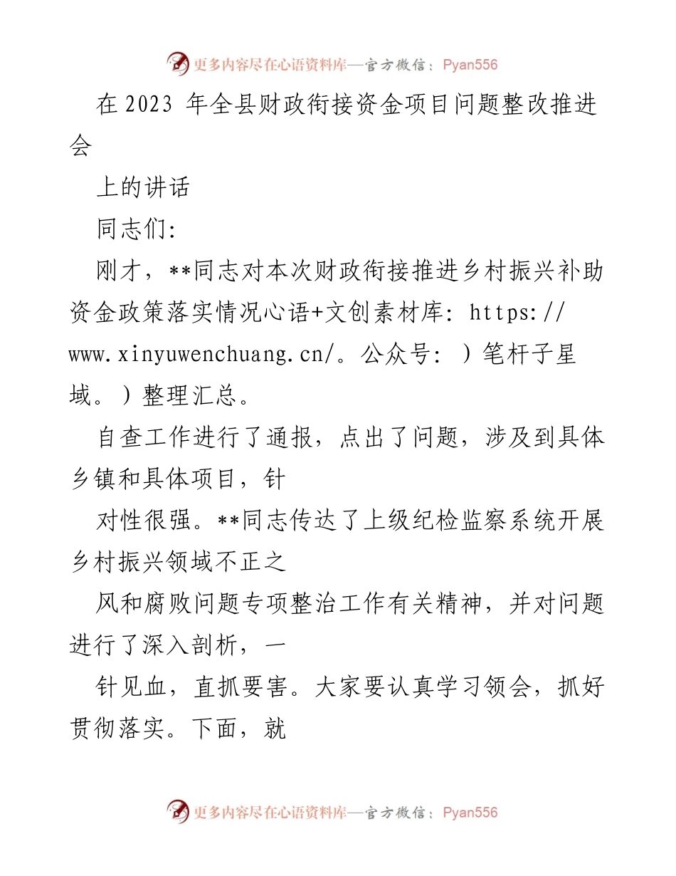 [发言] 会议 - 深入推进财政衔接资金项目问题整改的重要性与措施.docx_第1页