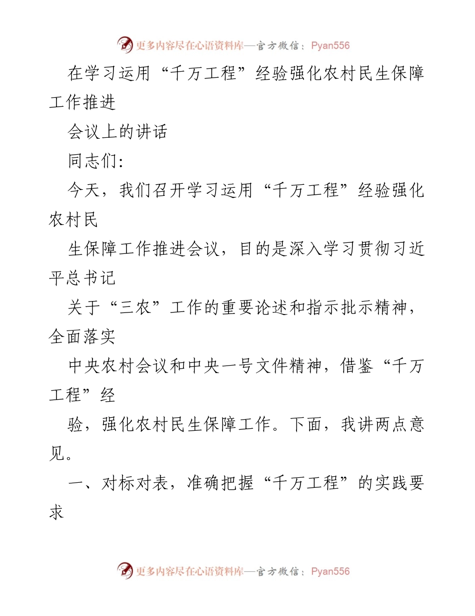 [发言] 会议 - 学习“千万工程”经验，强化农村民生保障工作推进.docx_第1页