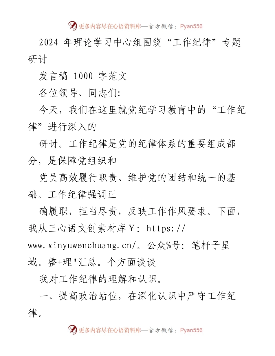 [发言] 党内研讨会 - 深入学习工作纪律，提升责任担当.docx_第1页